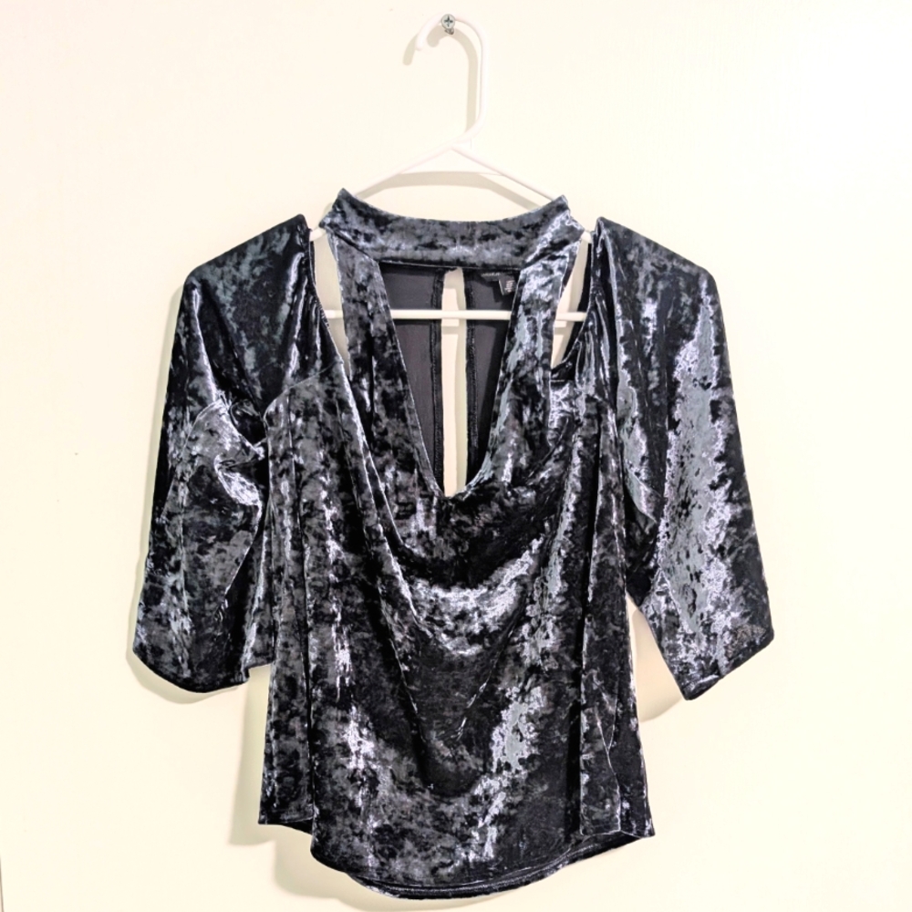 American Eagle Outfitters Blue Crushed Velvet Bell Sleeve Cold Shoulder Blouse